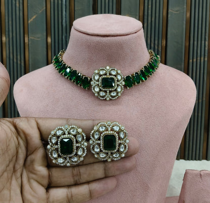 Green Moissanite Kundan Necklace Jewellery Soma Set