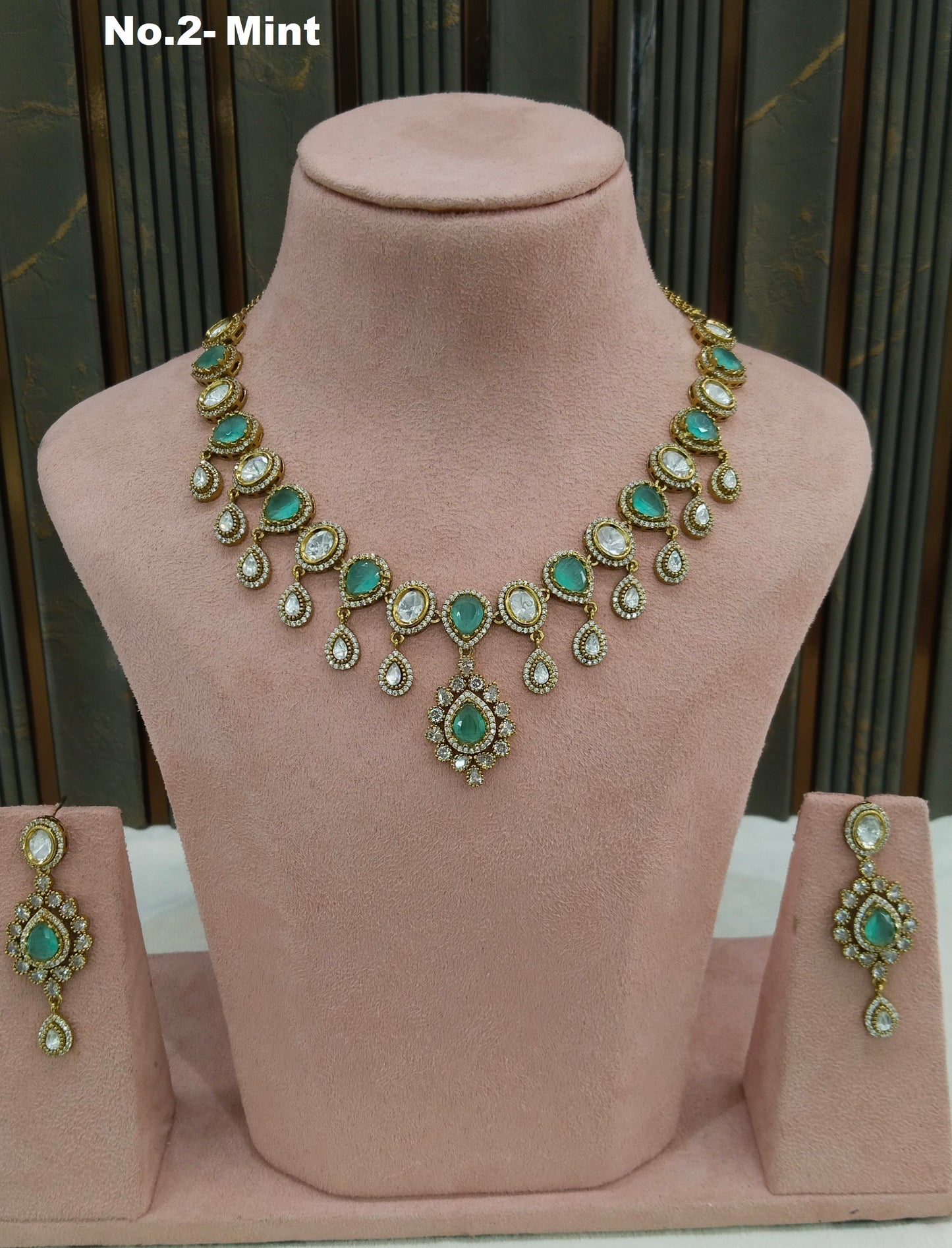 Mint Moissanite Kundan Necklace Jewellery Rohini Set