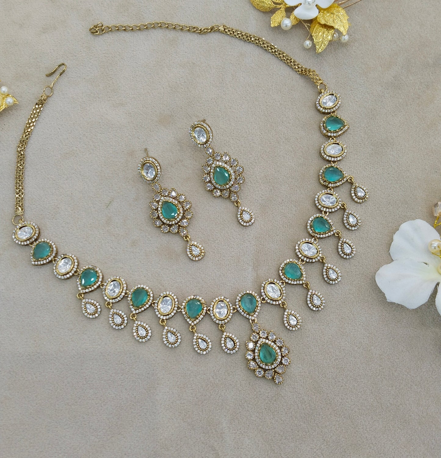 Mint Moissanite Kundan Necklace Jewellery Rohini Set