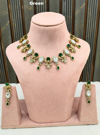 Green Moissanite Kundan Necklace Jewellery Chani Set