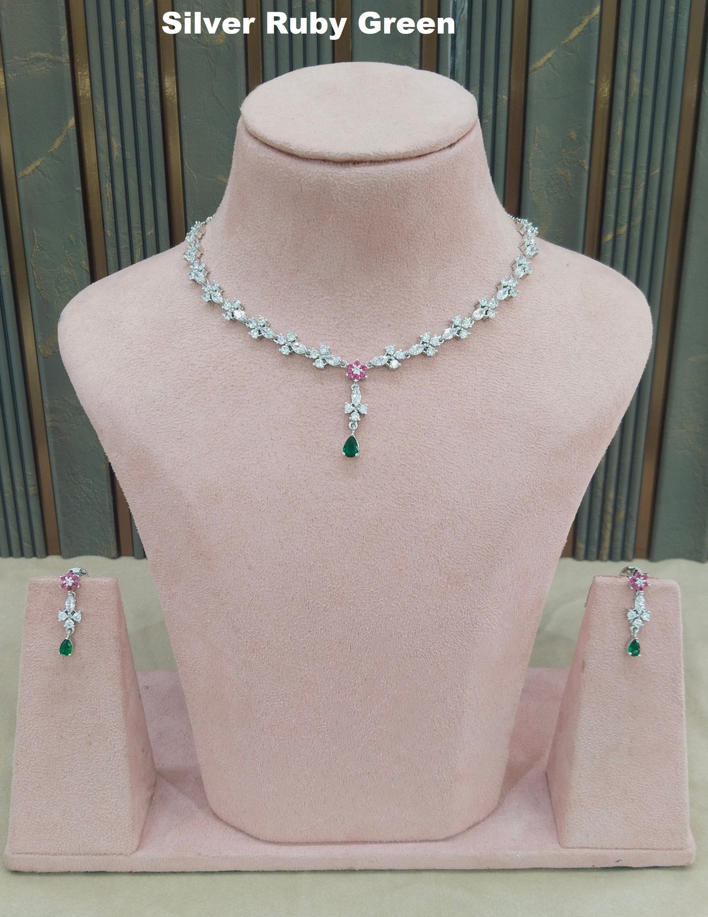 Silver Ruby Green CZ Stone Necklace Jewellery Sheet Sets