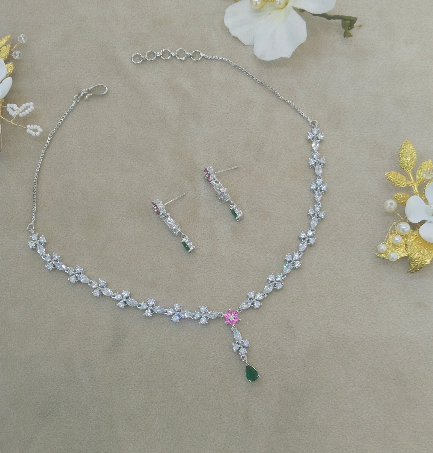 Silver Ruby Green CZ Stone Necklace Jewellery Sheet Sets