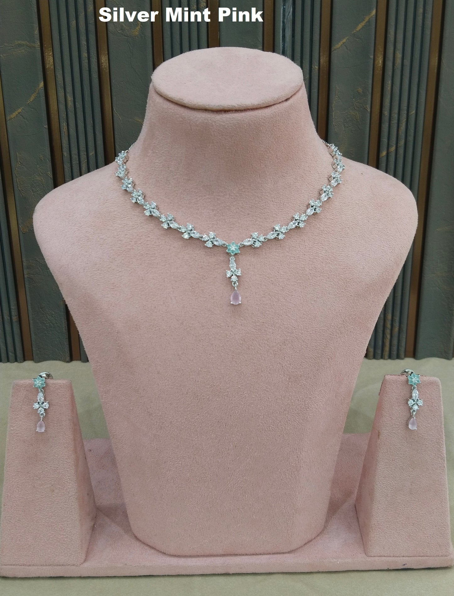 Silver Mint Pink CZ Stone Necklace Jewellery Sheet Sets