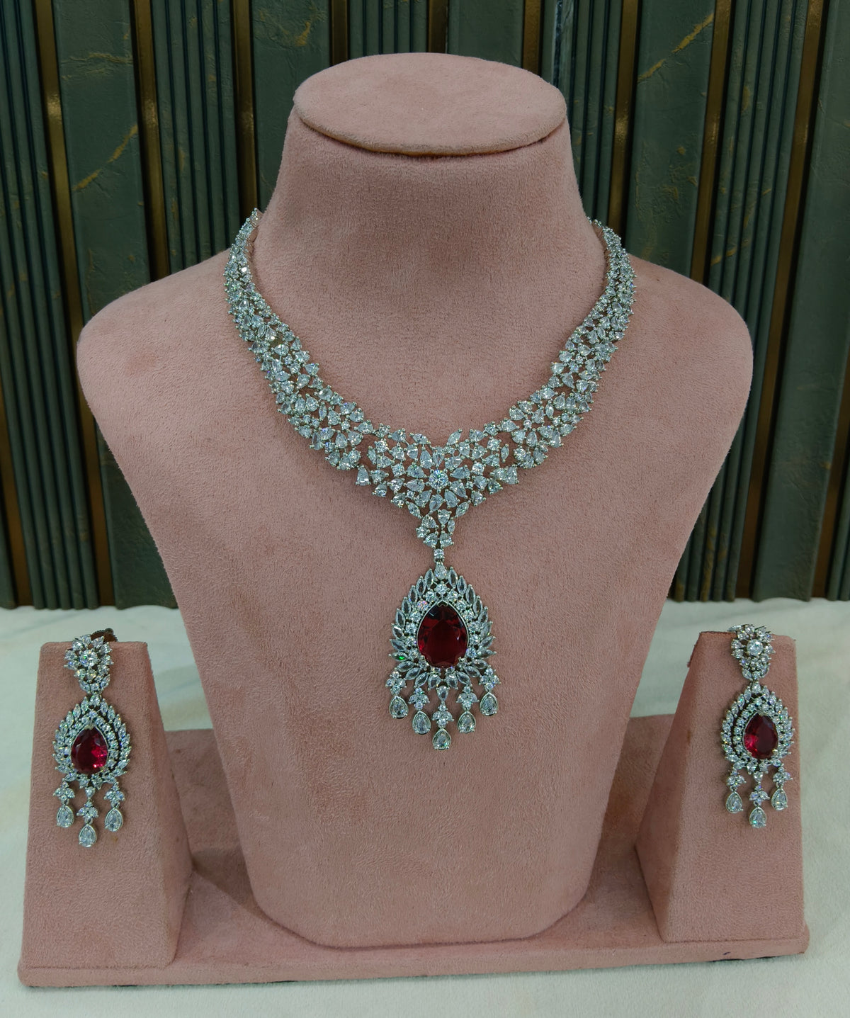 Silver Ruby American Diamond Ad Necklace Ekjot Sets