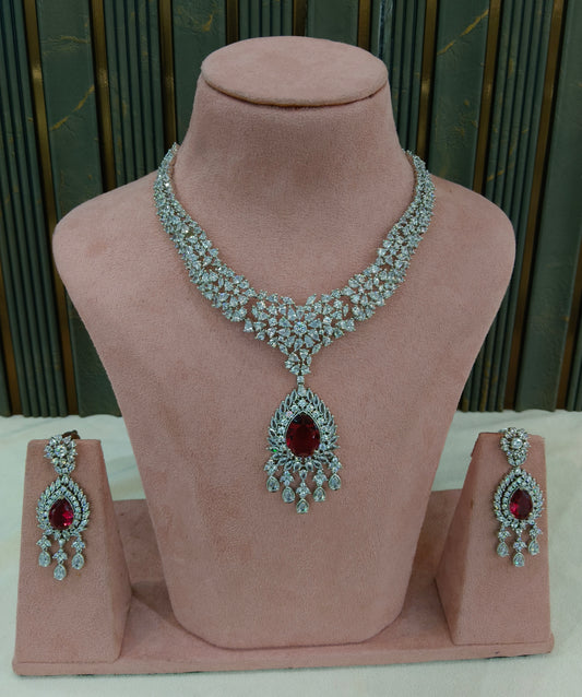 Silver Ruby American Diamond Ad Necklace Ekjot Sets
