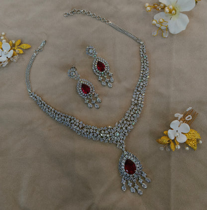 Silver Ruby American Diamond Ad Necklace Ekjot Sets