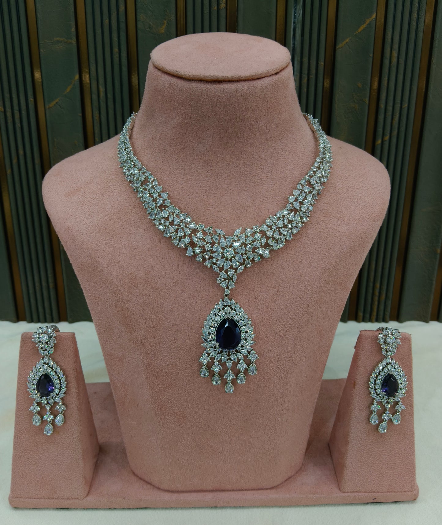 Silver Blue American Diamond Ad Necklace Ekjot Sets