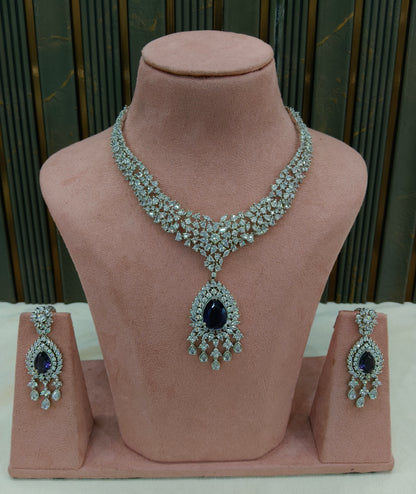 Silver Blue American Diamond Ad Necklace Ekjot Sets