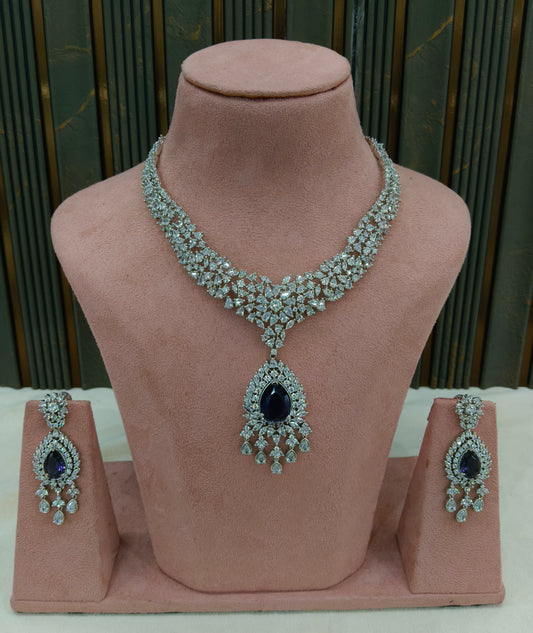 Silver Blue American Diamond Ad Necklace Ekjot Sets