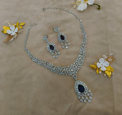 Silver Blue American Diamond Ad Necklace Ekjot Sets