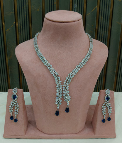 Silver Blue American Diamond Ad Necklace Gunaz Sets