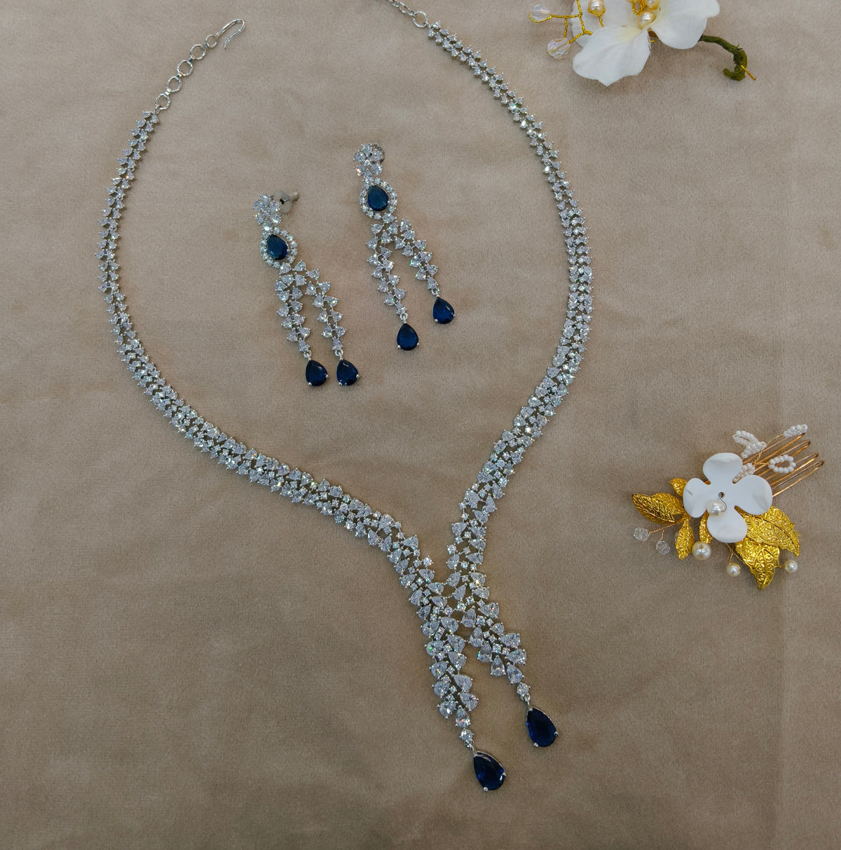 Silver Blue American Diamond Ad Necklace Gunaz Sets