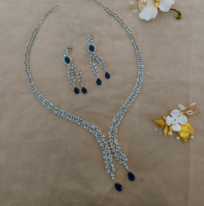 Silver Blue American Diamond Ad Necklace Gunaz Sets