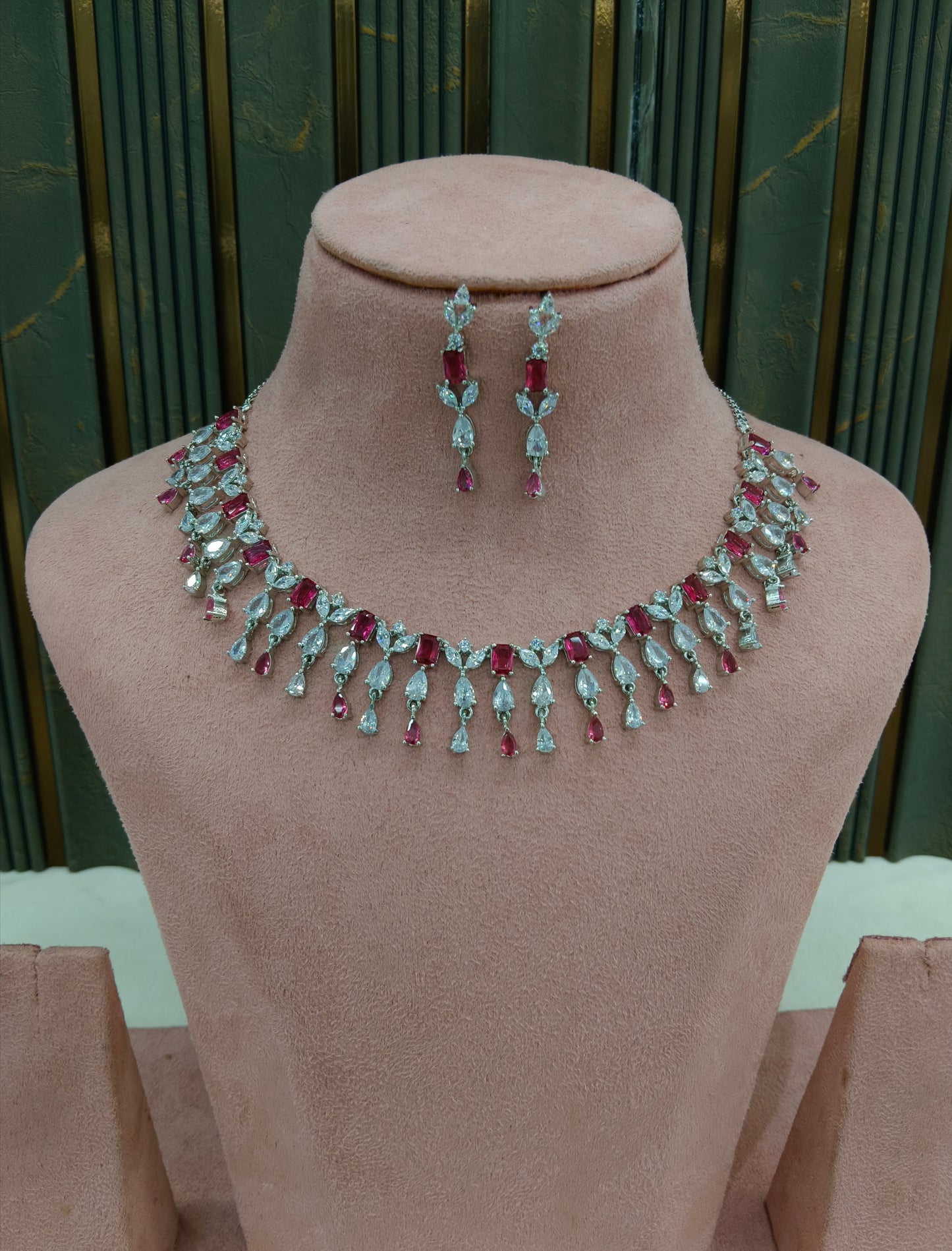 Silver Ruby American Diamond Ad Necklace Anaira Sets