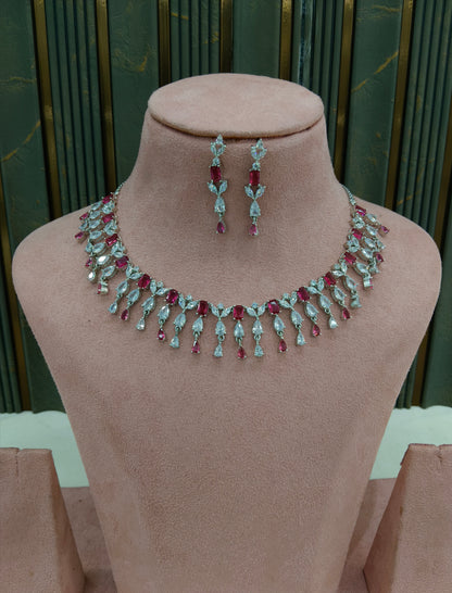 Silver Ruby American Diamond Ad Necklace Anaira Sets