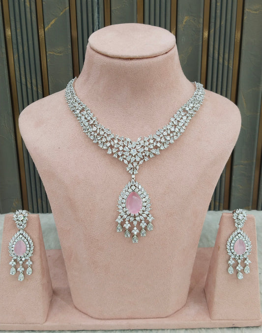 Silver Pink American Diamond Ad Necklace Ekjot Sets