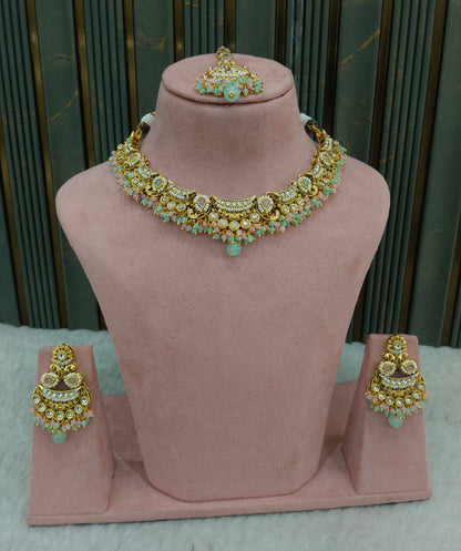 Gold Mint Pink Kundan necklace Set/ kundan Indian Jeet jewellery sets