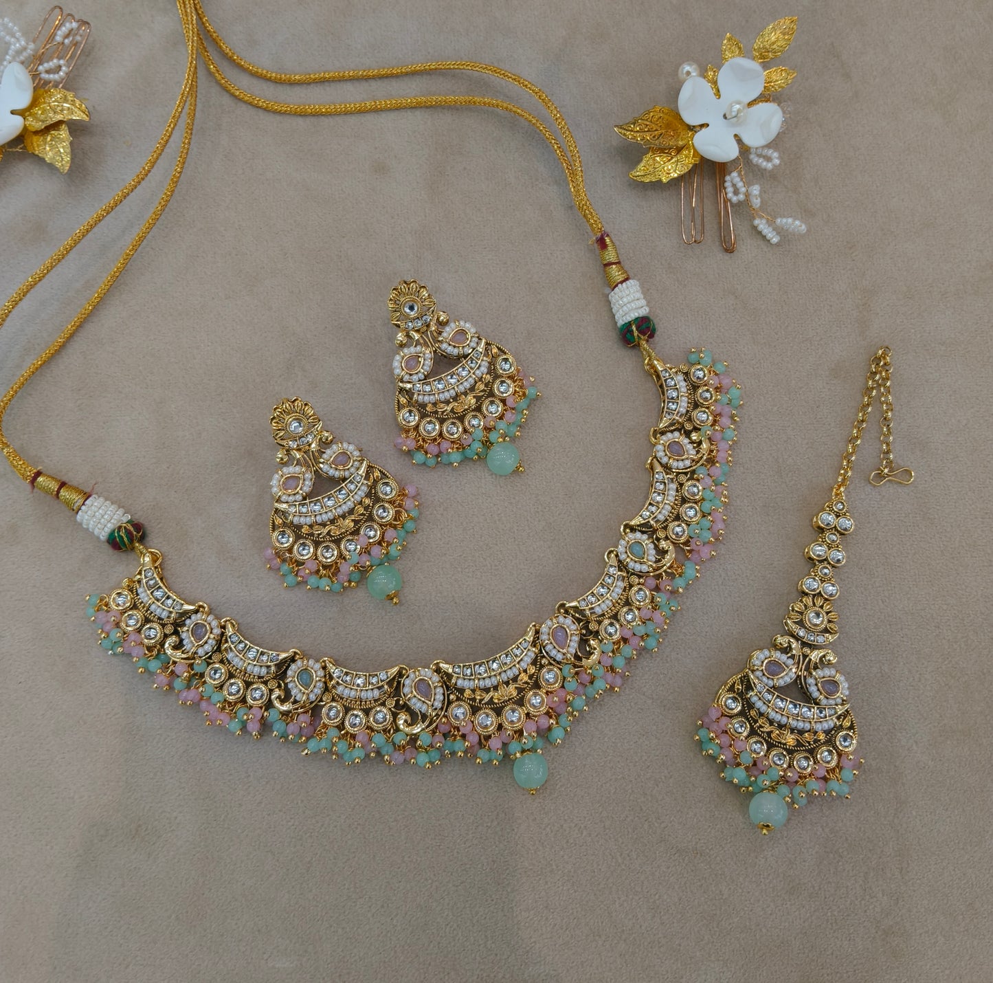 Gold Mint Pink Kundan necklace Set/ kundan Indian Jeet jewellery sets