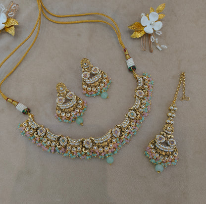 Gold Mint Pink Kundan necklace Set/ kundan Indian Jeet jewellery sets