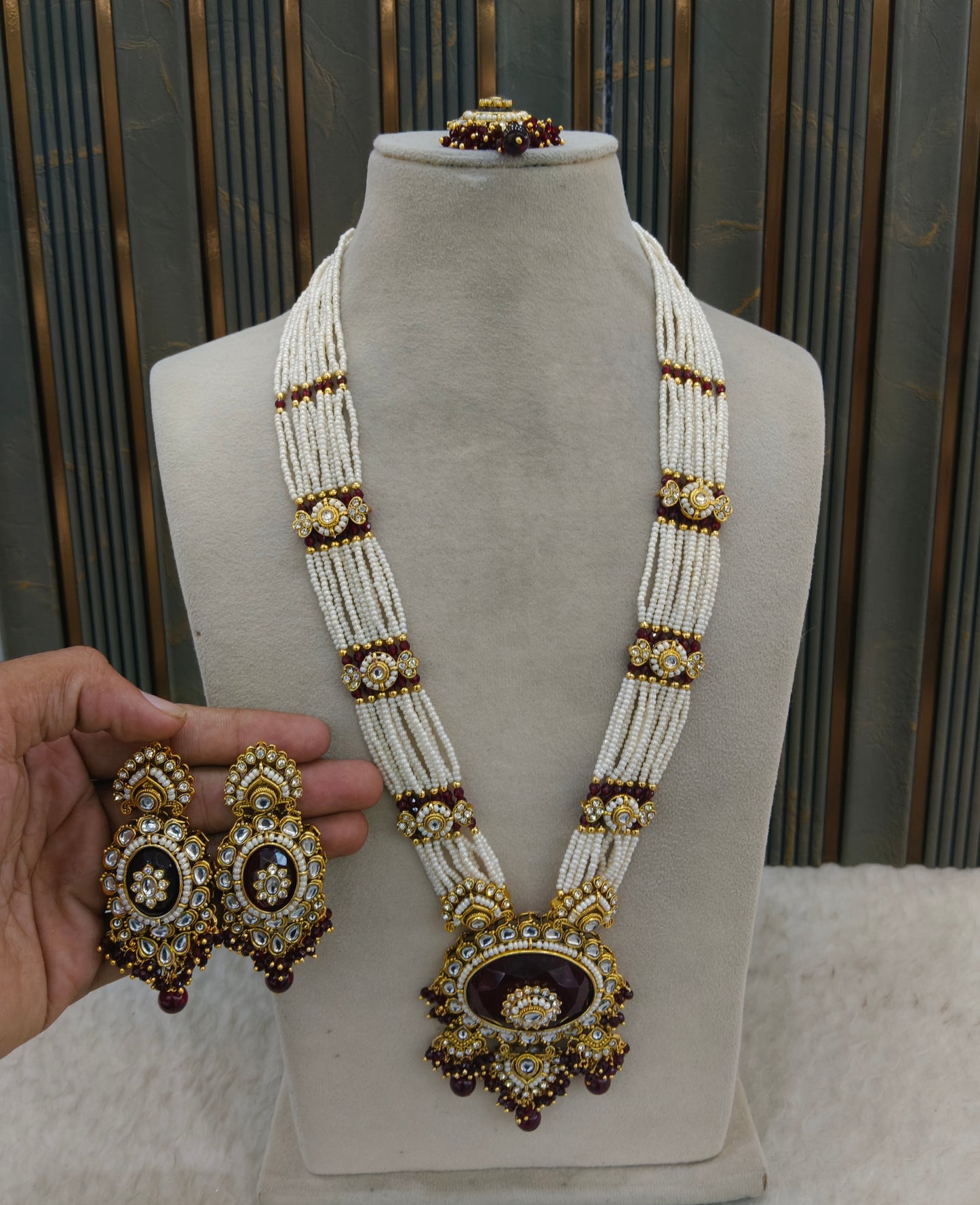 Maroon Kundan Long Ranihaar Necklace Jewellery Kavita Set