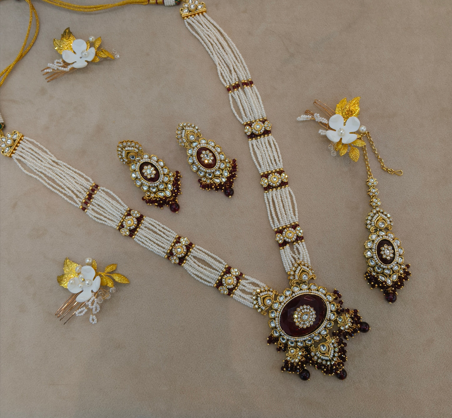 Maroon Kundan Long Ranihaar Necklace Jewellery Kavita Set