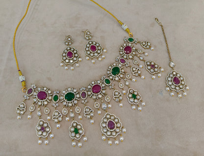 Ruby Green Moissanite Kundan Necklace Jewellery Nany Set