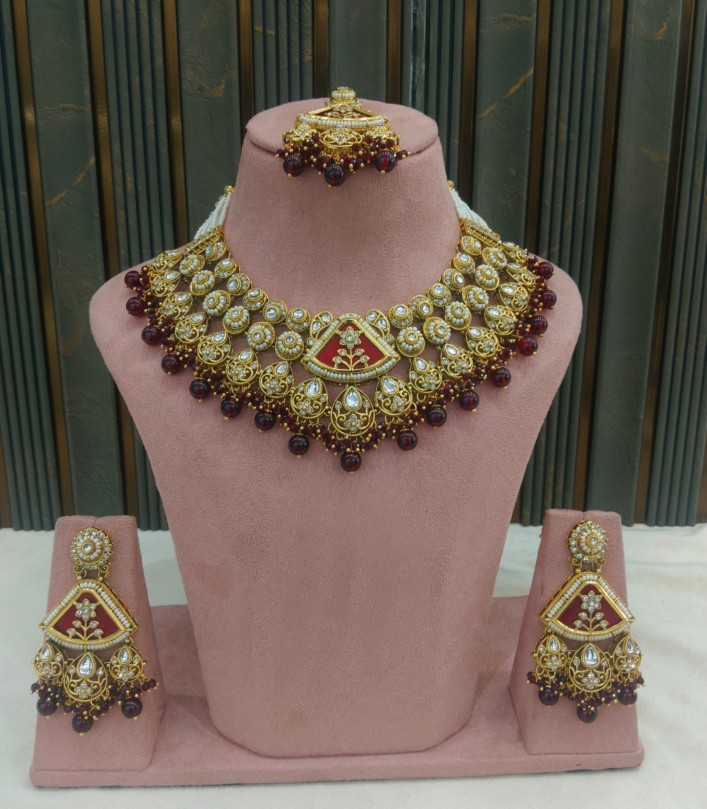 Gold Maroon Kundan necklace Set/ kundan Indian Zina jewellery sets