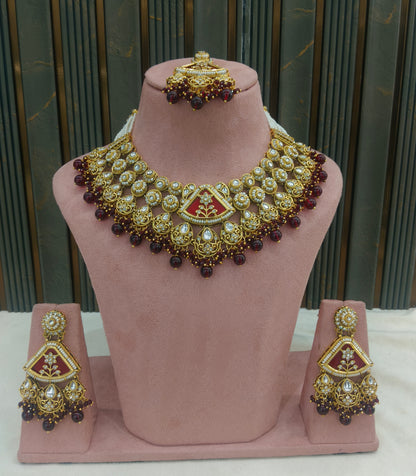 Gold Maroon Kundan necklace Set/ kundan Indian Zina jewellery sets