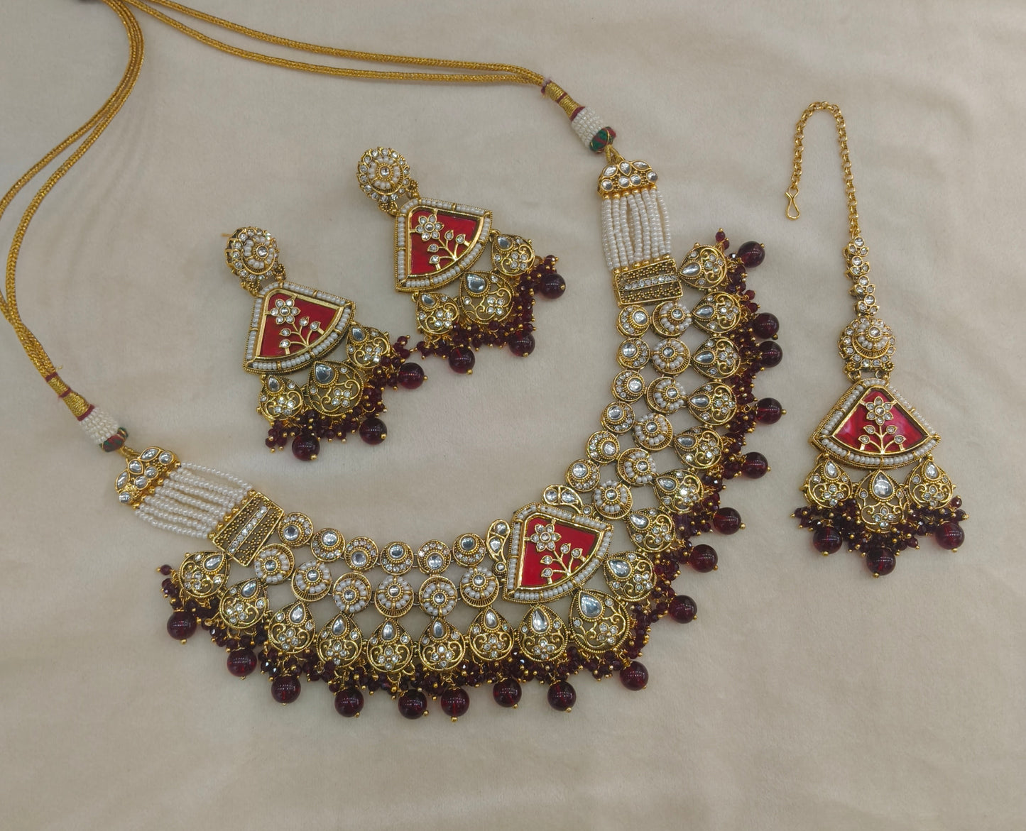 Gold Maroon Kundan necklace Set/ kundan Indian Zina jewellery sets