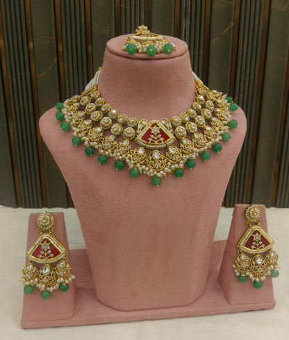 Gold Ruby Sage Green Kundan necklace Set/ kundan Indian Zina jewellery sets
