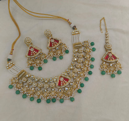 Gold Ruby Sage Green Kundan necklace Set/ kundan Indian Zina jewellery sets