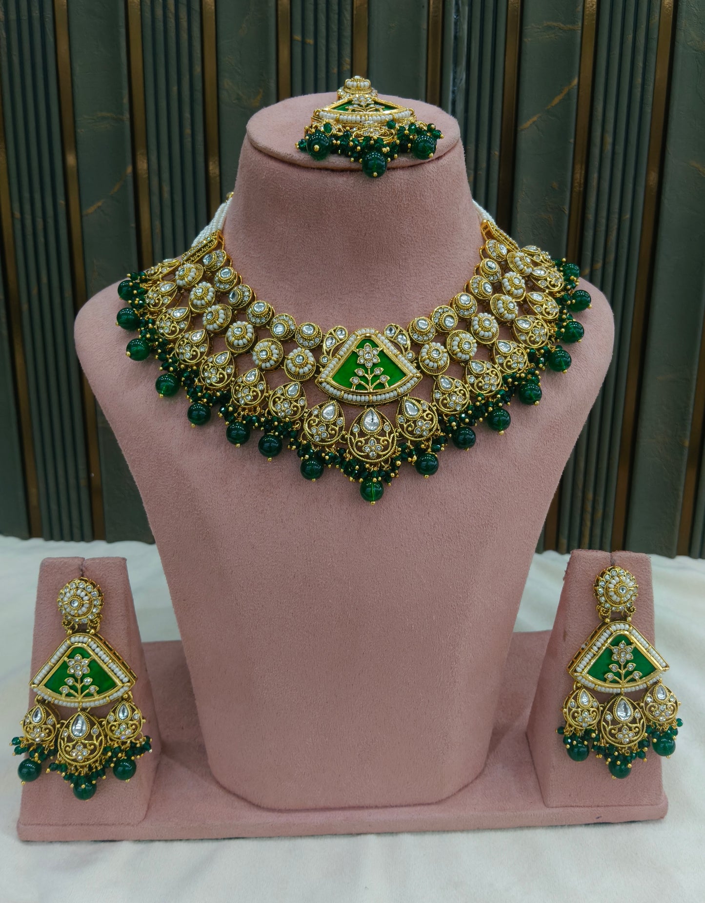 Gold Green Kundan necklace Set/ kundan Indian Zina jewellery sets
