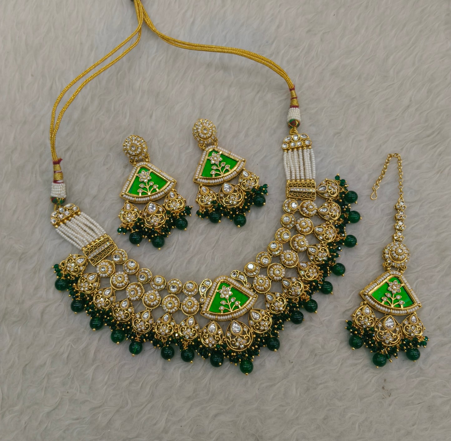 Gold Green Kundan necklace Set/ kundan Indian Zina jewellery sets