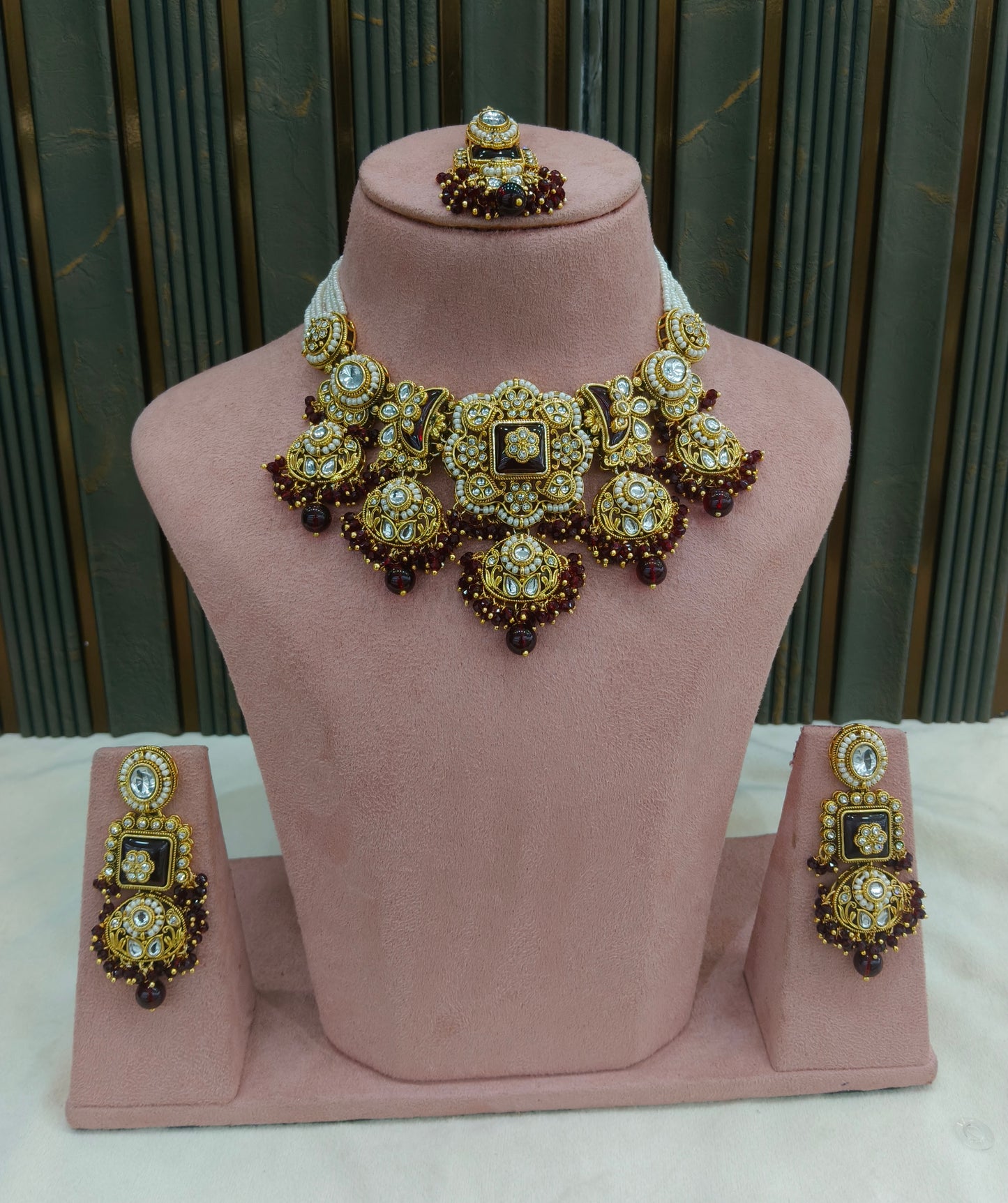 Gold Maroon Kundan necklace Set/ kundan Indian Seerat jewellery sets