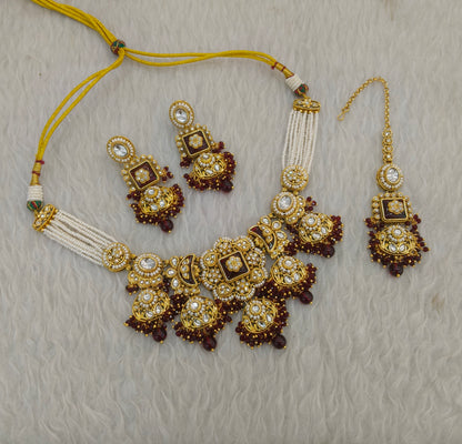 Gold Maroon Kundan necklace Set/ kundan Indian Seerat jewellery sets