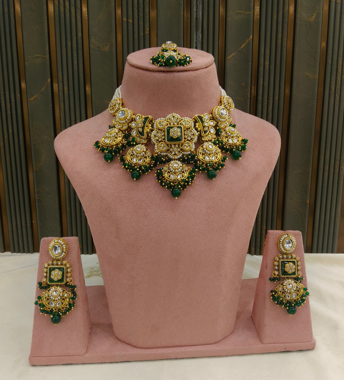 Gold Green Kundan necklace Set/ kundan Indian Seerat jewellery sets