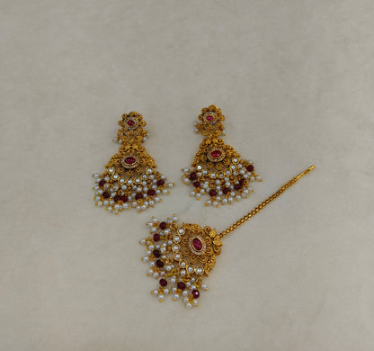 Gold Ruby Punjabi Polki Style Earrings and Tikka set