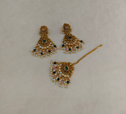 Gold Green Punjabi Polki Style Earrings and Tikka set