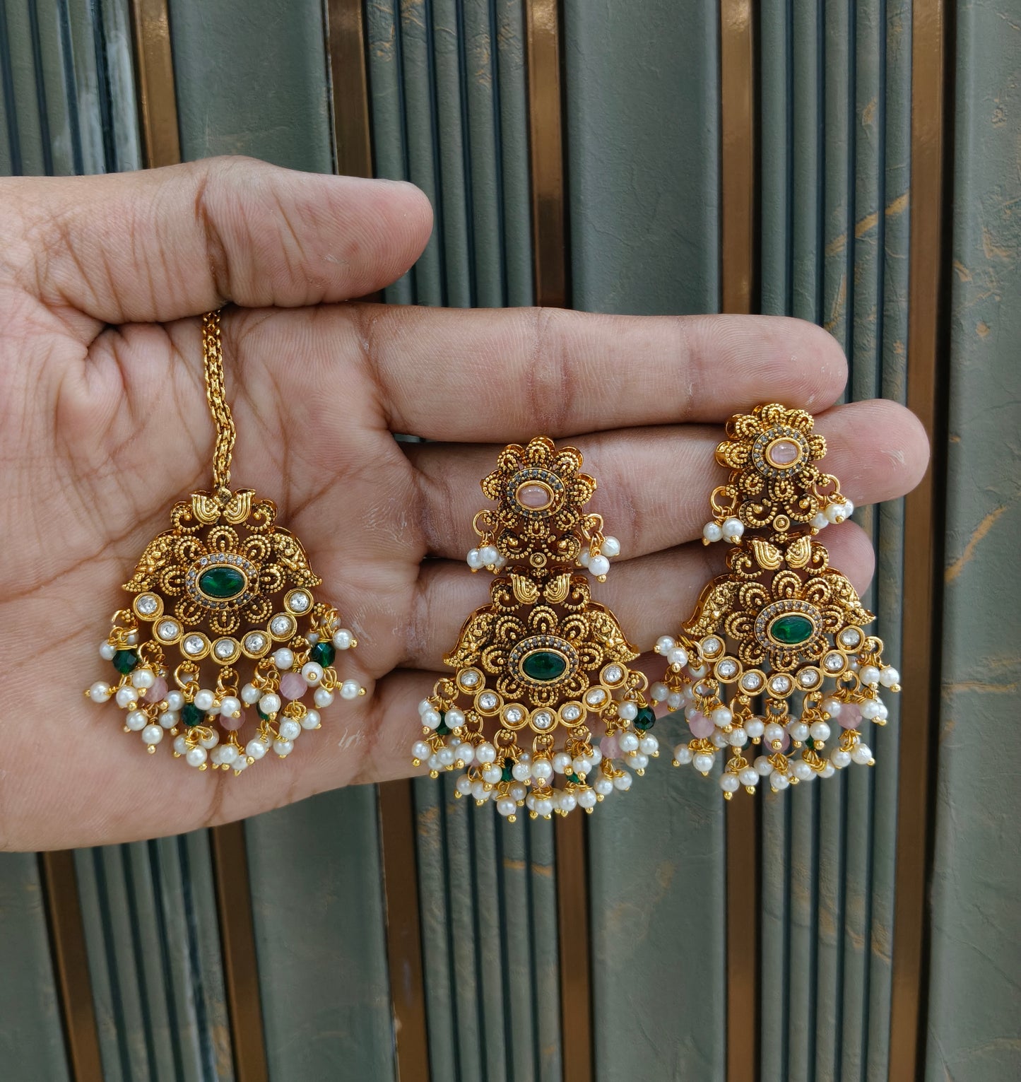 Gold Green Punjabi Polki Style Earrings and Tikka set