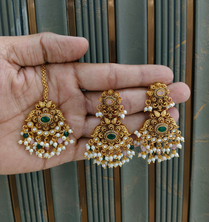 Gold Green Punjabi Polki Style Earrings and Tikka set