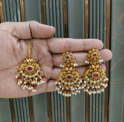 Gold Ruby Punjabi Polki Style Earrings and Tikka set