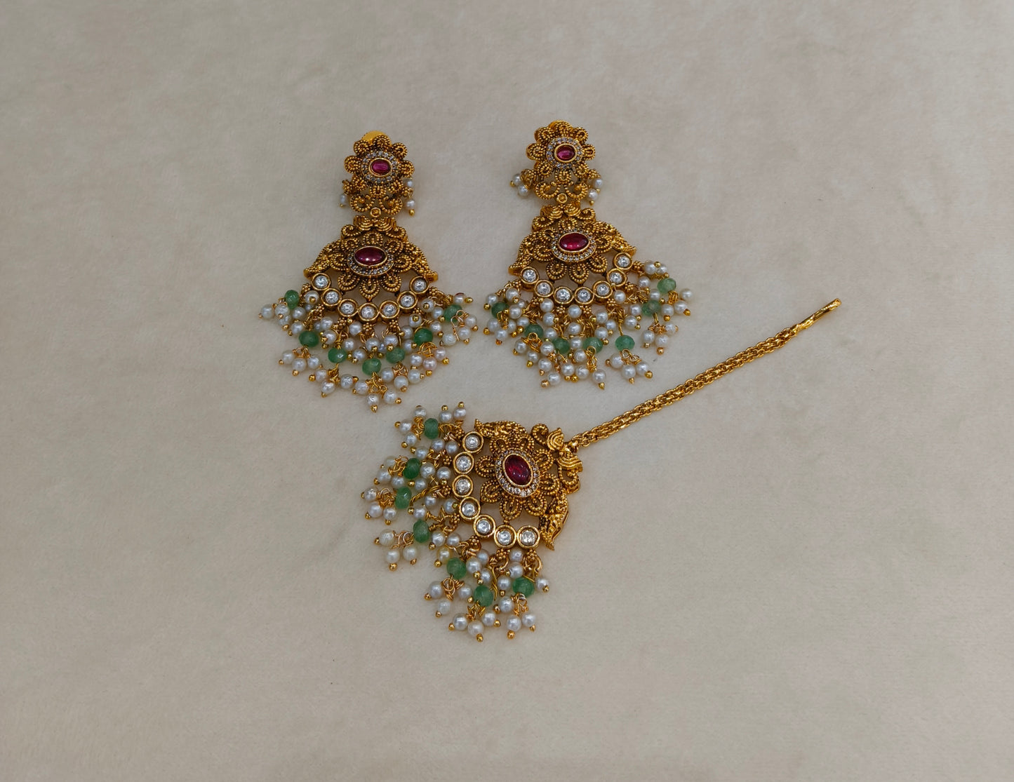 Gold Pink Green Punjabi Polki Style Earrings and Tikka set