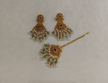 Gold Pink Green Punjabi Polki Style Earrings and Tikka set