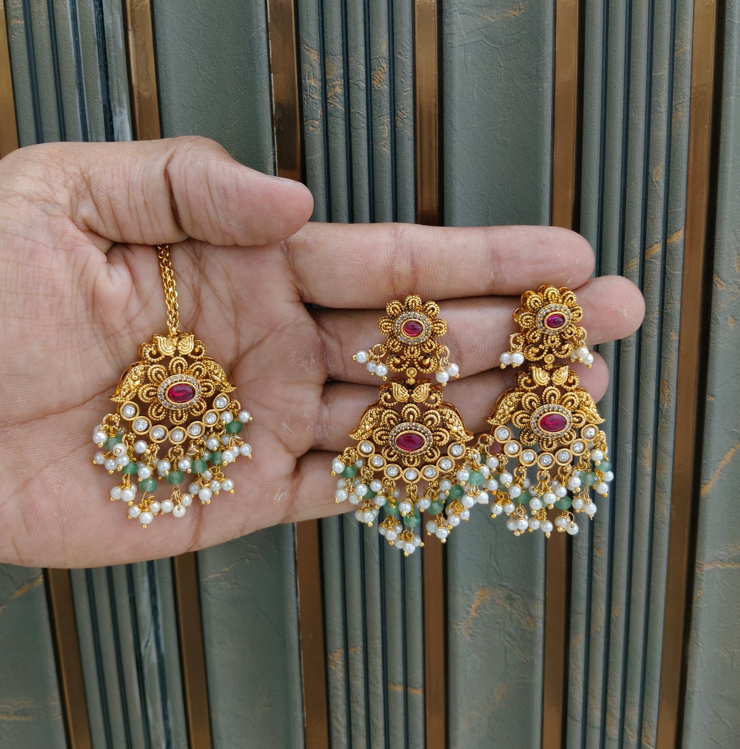Gold Pink Green Punjabi Polki Style Earrings and Tikka set