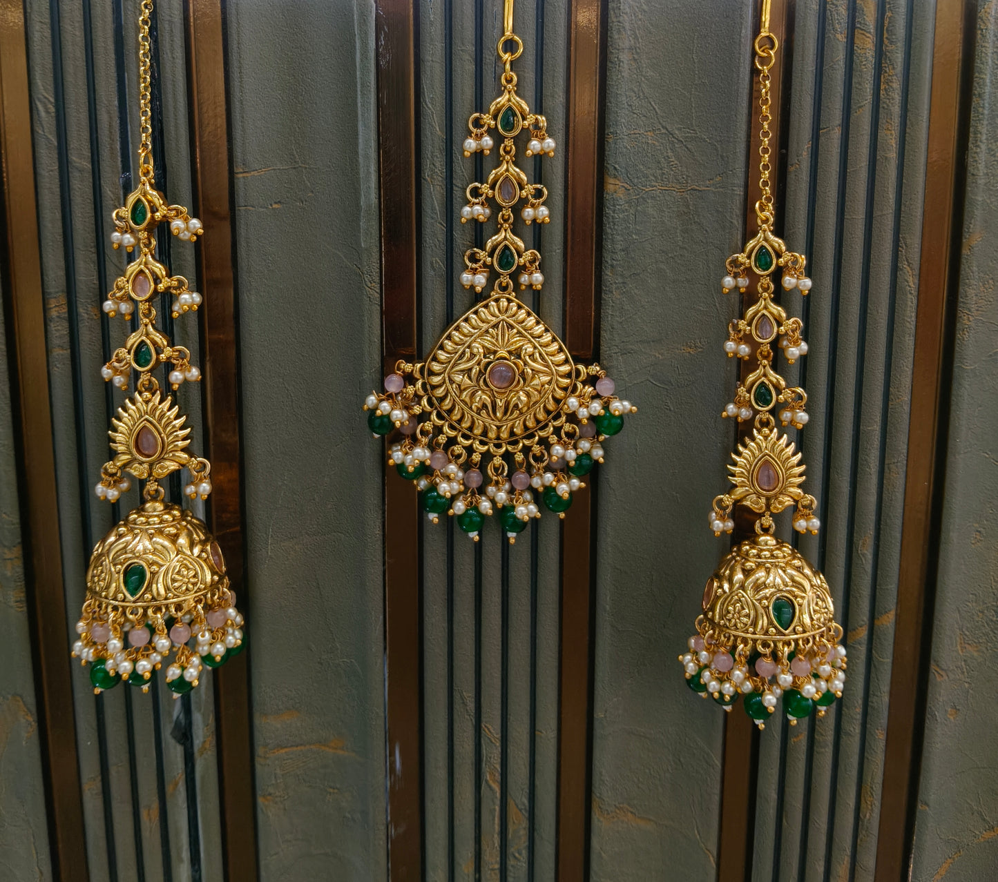Gold Pink Green Punjabi Polki Style Earrings and Tikka set