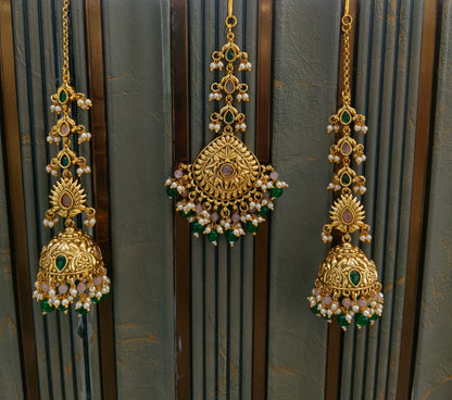 Gold Pink Green Punjabi Polki Style Earrings and Tikka set