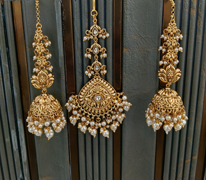 Gold White Punjabi Polki Style Earrings and Tikka set