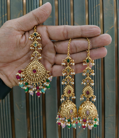 Gold Multi Color Punjabi Polki Style Earrings and Tikka set