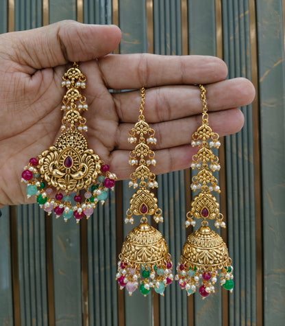 Gold Multi color Punjabi Polki Style Earrings and Tikka set