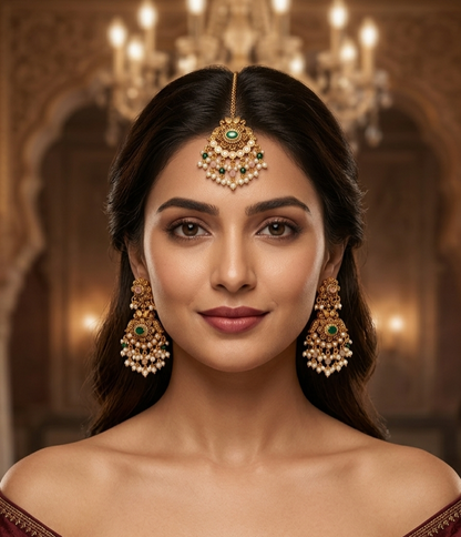 Gold Ruby Punjabi Polki Style Earrings and Tikka set